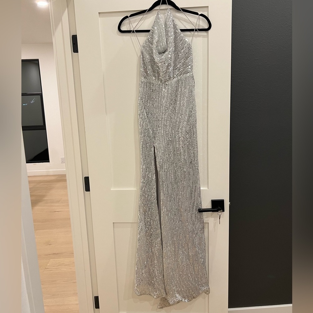 Abyss by Abby - Silver Sequin Open Back Slit Dress size XS